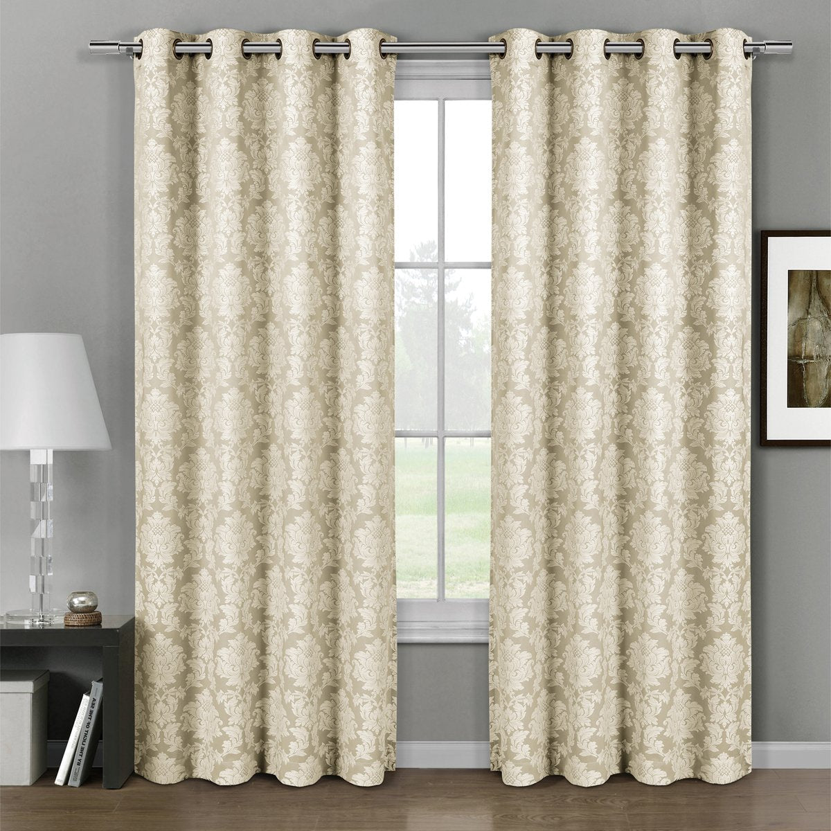 Aryanna Classic Damask Floral Curtains Jacquard Grommet Panels (Set of 2)