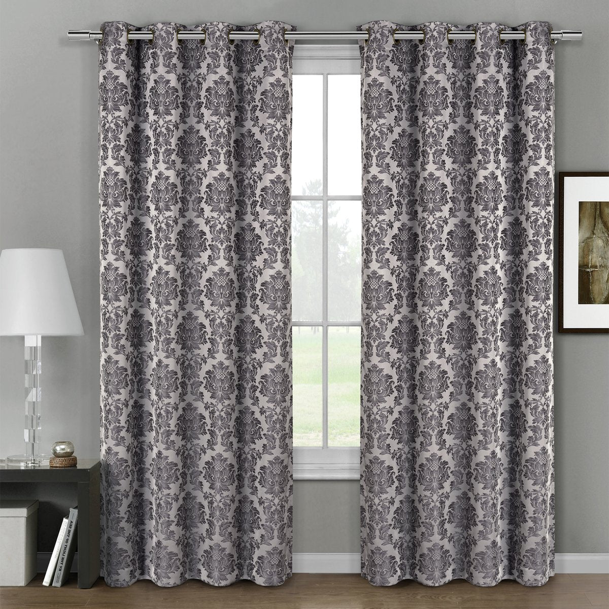 Aryanna Classic Damask Floral Curtains Jacquard Grommet Panels (Set of 2)