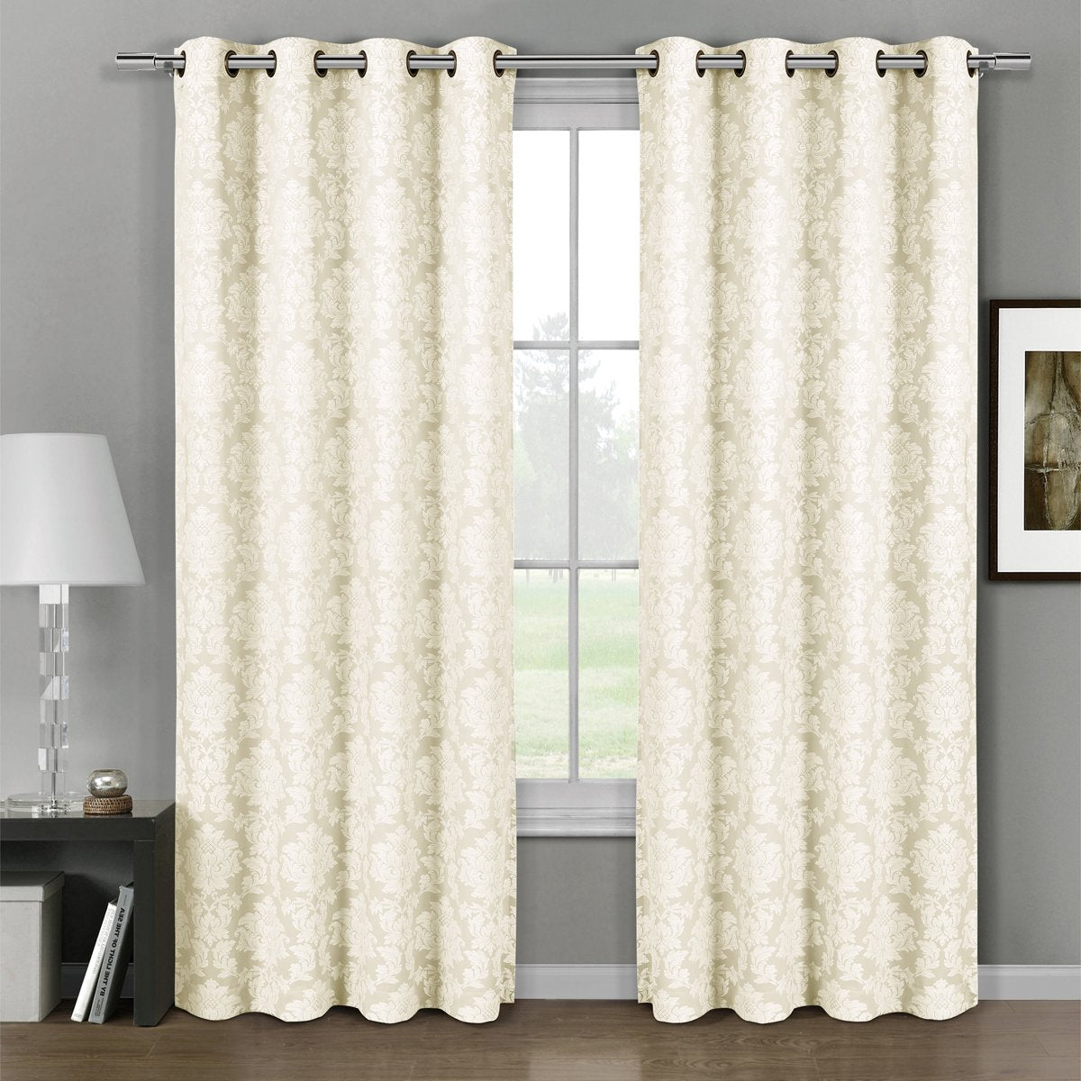 Aryanna Classic Damask Floral Curtains Jacquard Grommet Panels (Set of 2)