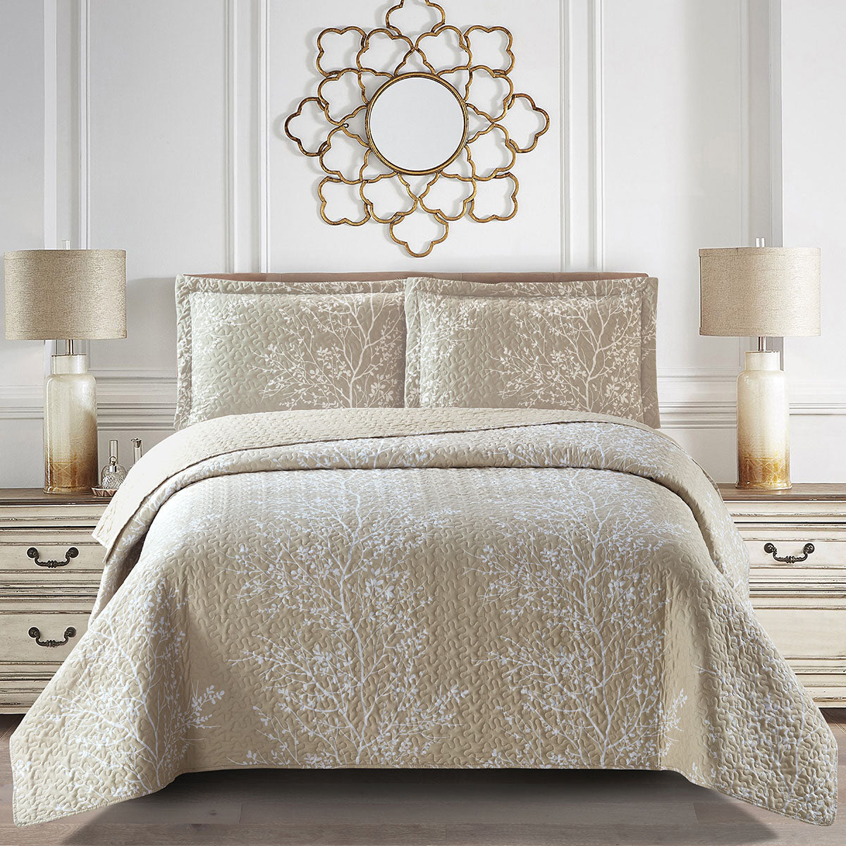 Odette Beige Lightweight Reversible Oversize Quilt / Bedspread Set