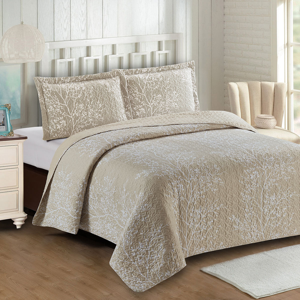 Odette Beige Lightweight Reversible Oversize Quilt / Bedspread Set