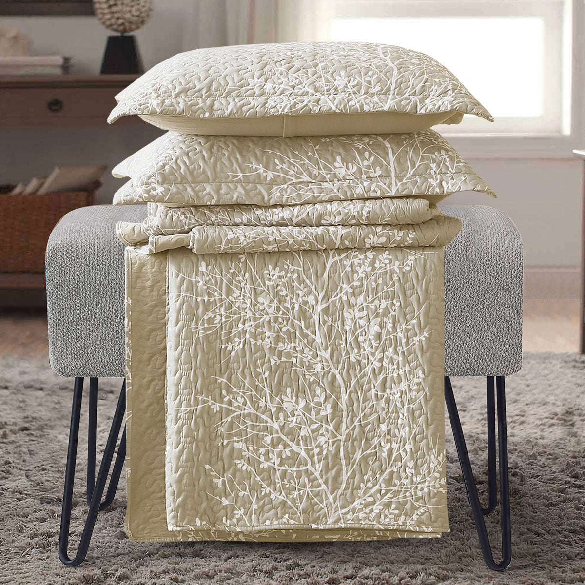 Odette Beige Lightweight Reversible Oversize Quilt / Bedspread Set