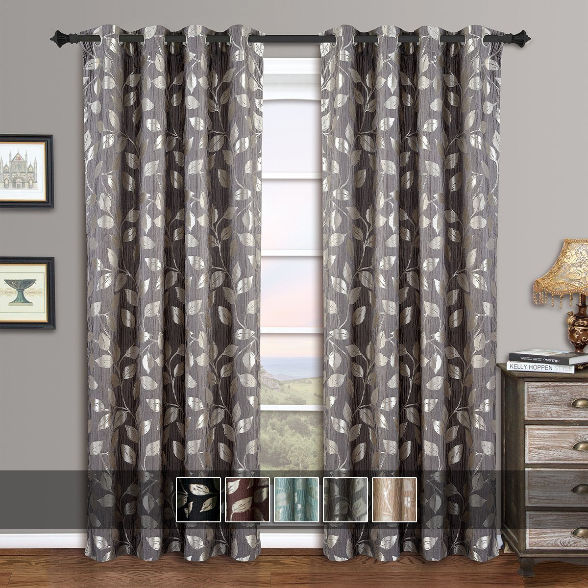 Pair Charlotte Leafy Jacquard Drapes Grommet Window Curtains (Set of 2 Panels)