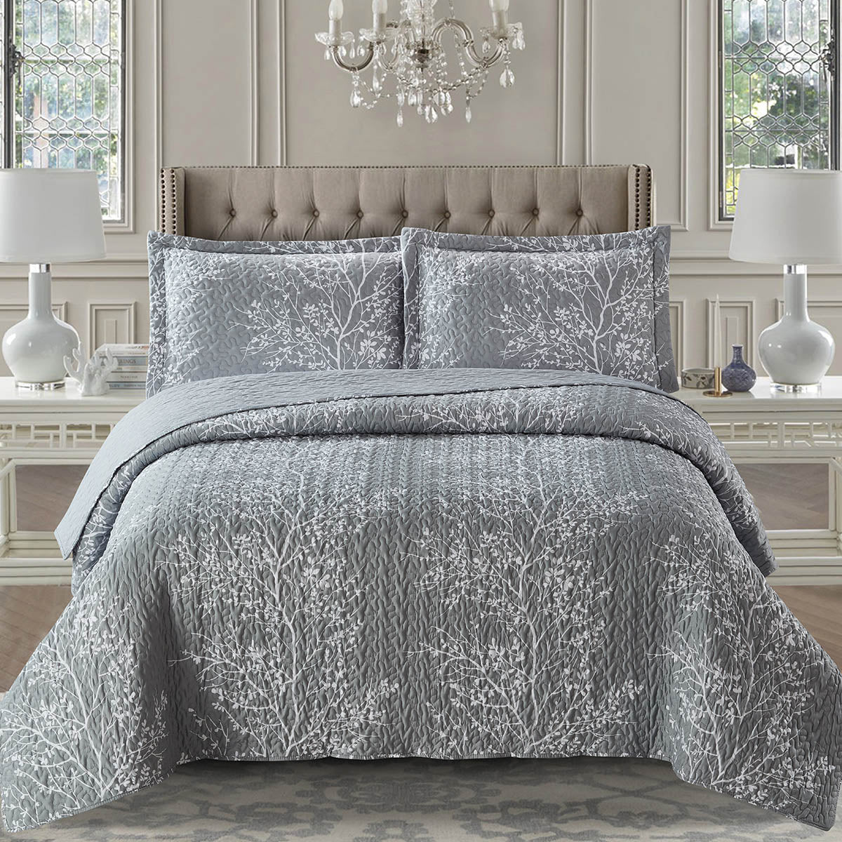 Odette Grey Lightweight Reversible Oversize Quilt / Bedspread Set