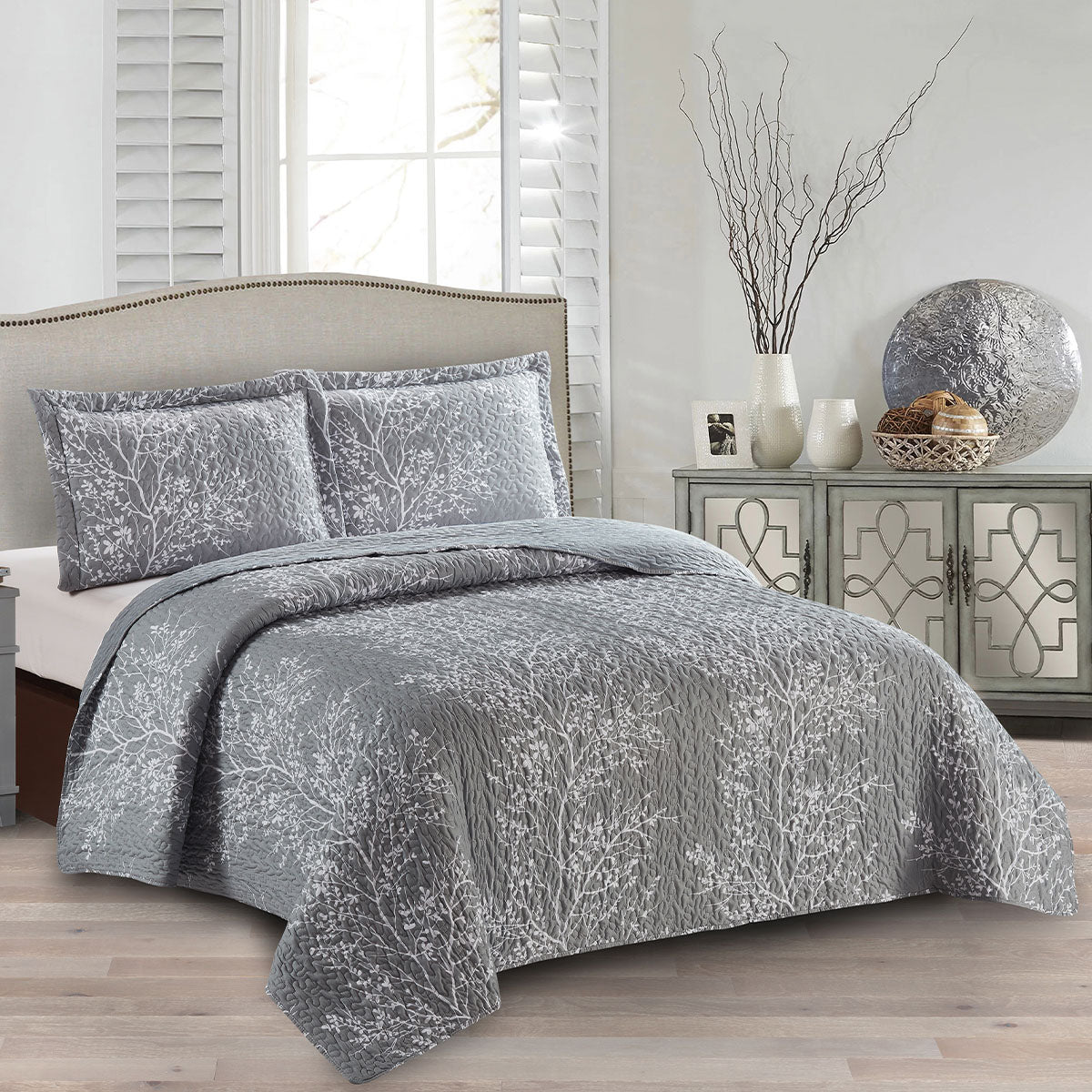 Odette Grey Lightweight Reversible Oversize Quilt / Bedspread Set