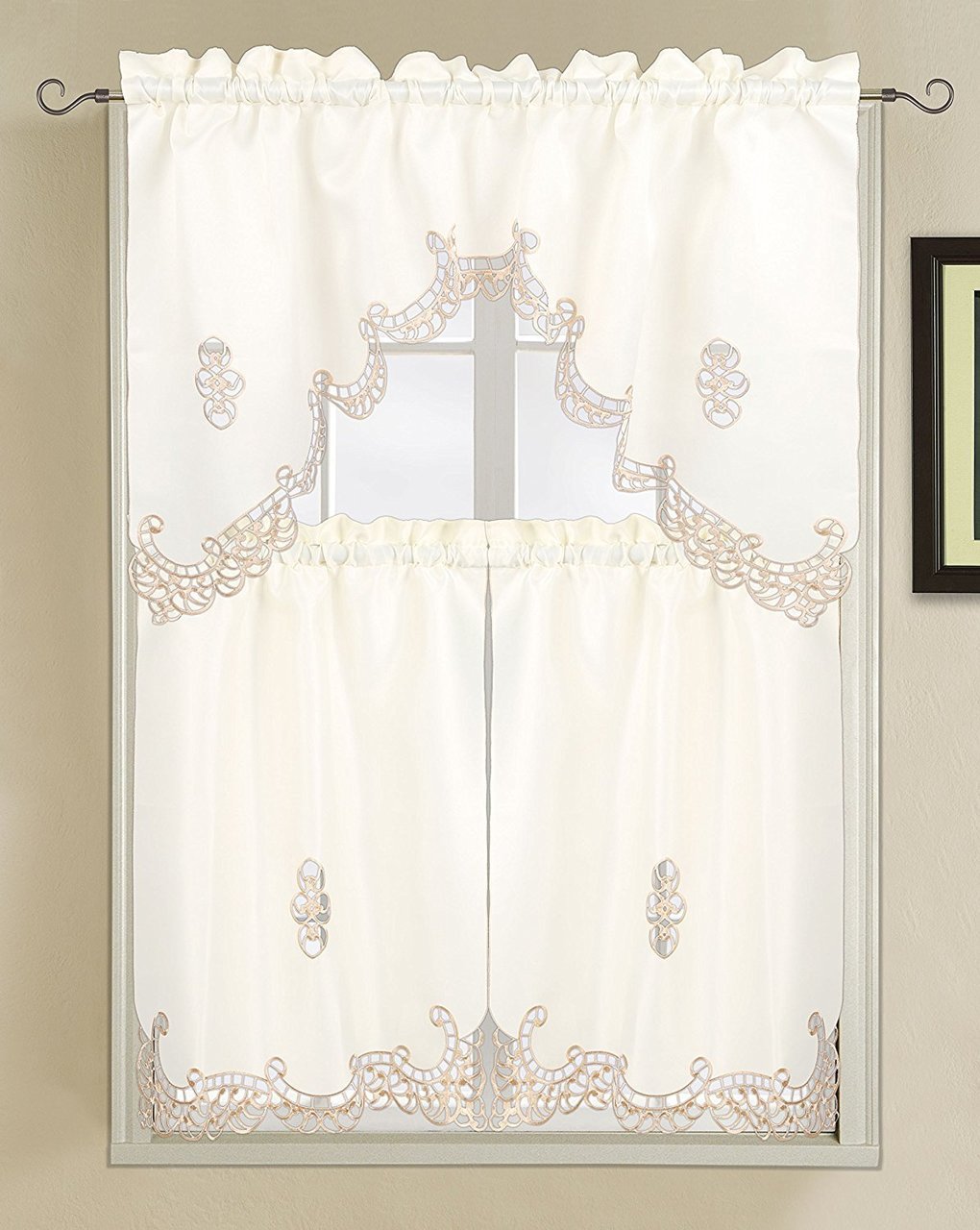 Holland Luxury Embroidered and Hand Cutwork Kitchen Curtain