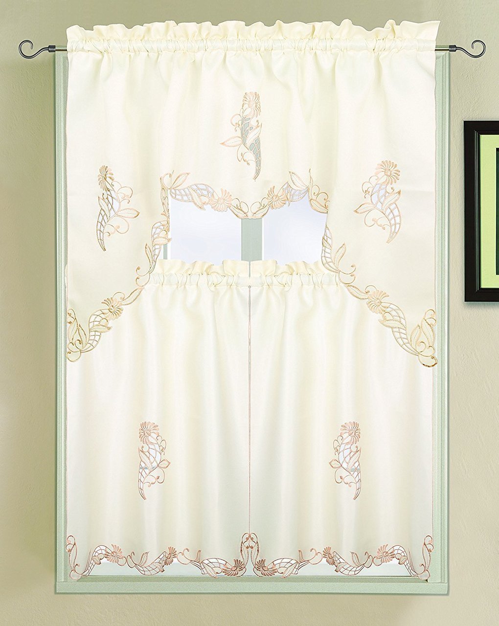 Sydney Luxury Embroidered and Hand Cutwork Kitchen Curtain 3 Piece Set