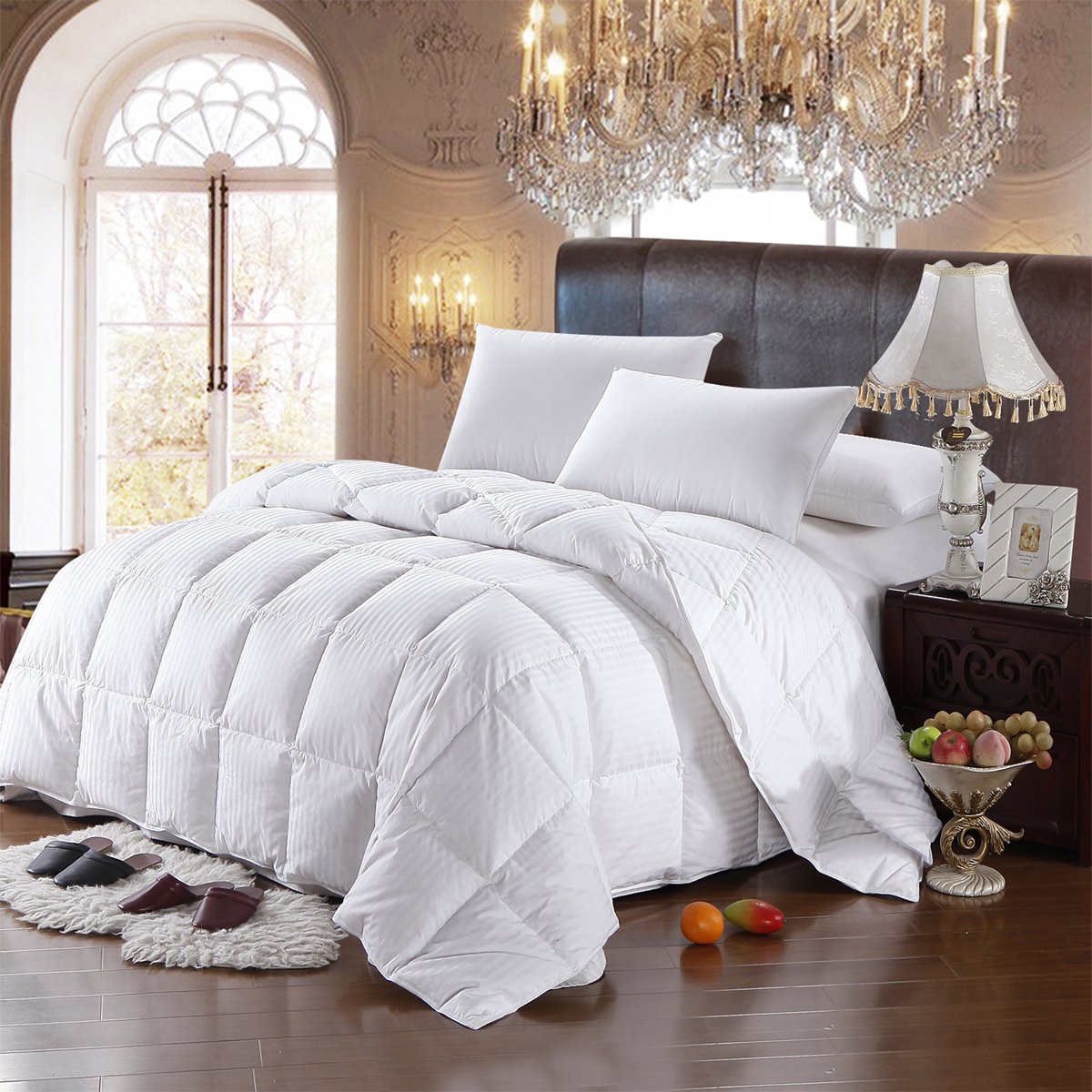 All Season Striped White Goose Down Comforter Oversize Medium Warmth