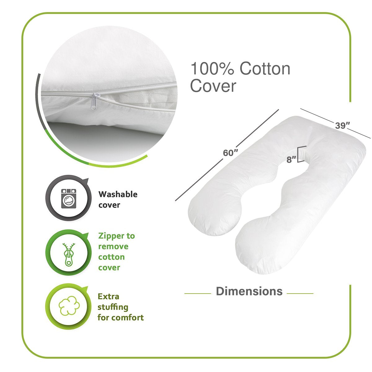 EHL 60" Full Body Pregnancy Pillow, U-Shaped Maternity Pillow for nursing baby W/removable Cotton Cover