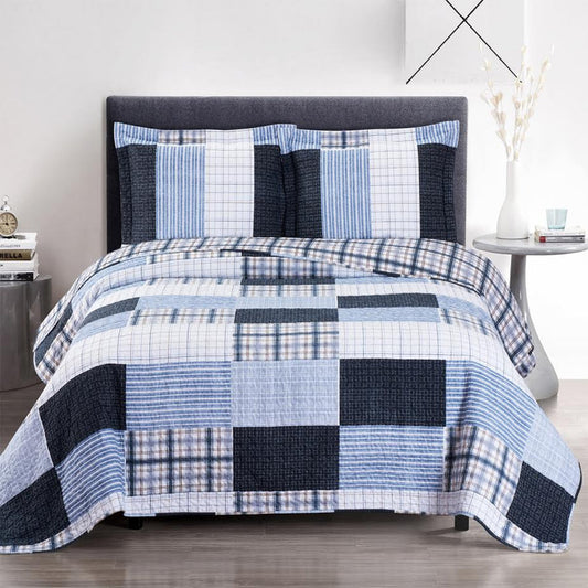 zoe reversible blue printed patchwork bed quilt set