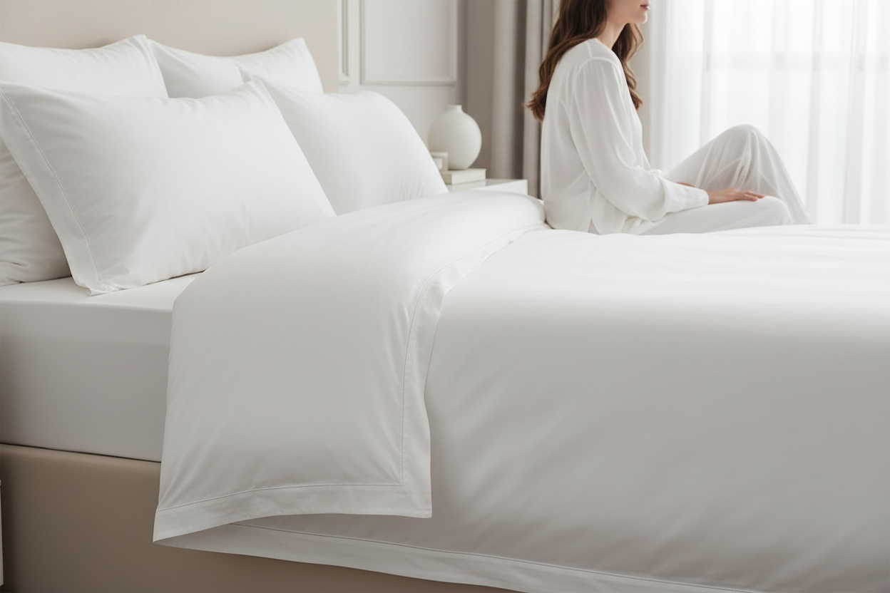 White bedding set on a bed with a person sitting in the background.
