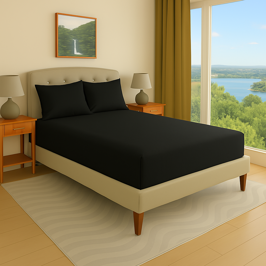 Solid black Egyptian cotton fitted sheet with 1000 thread count, soft and breathable fabric, fits mattresses up to 12 inches deep