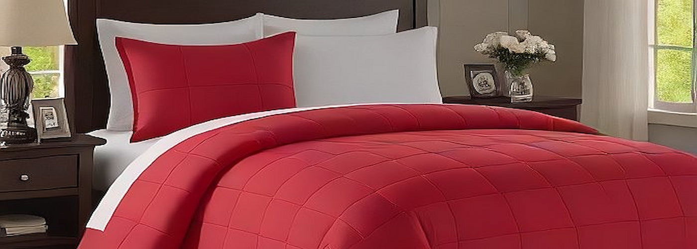 Red comforter set on a bed with white pillows and nightstands.
