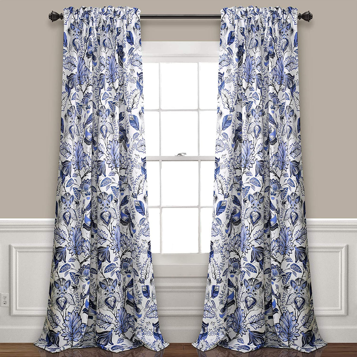Cynthia Jacobean 84-Inch Room Darkening Rod Pocket Window Curtain Panel Pair in Blue