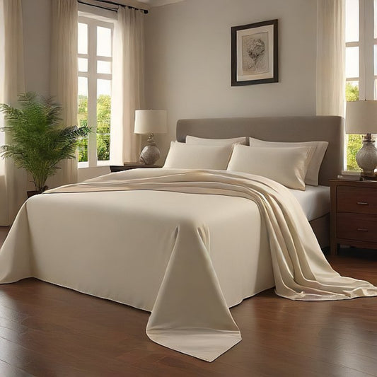 Neatly made bed with Ivory sheet set 4-piece in a well-lit bedroom Egyptian Home Linens