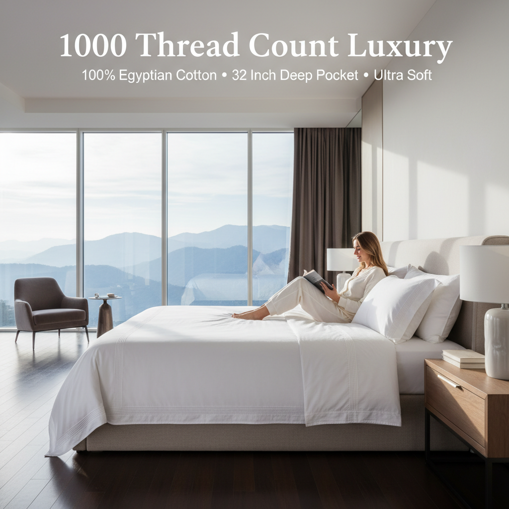 Woman reading book on bed with white 1000 thread count Egyptian cotton 32 inch deep pocket fitted sheets in luxury bedroom