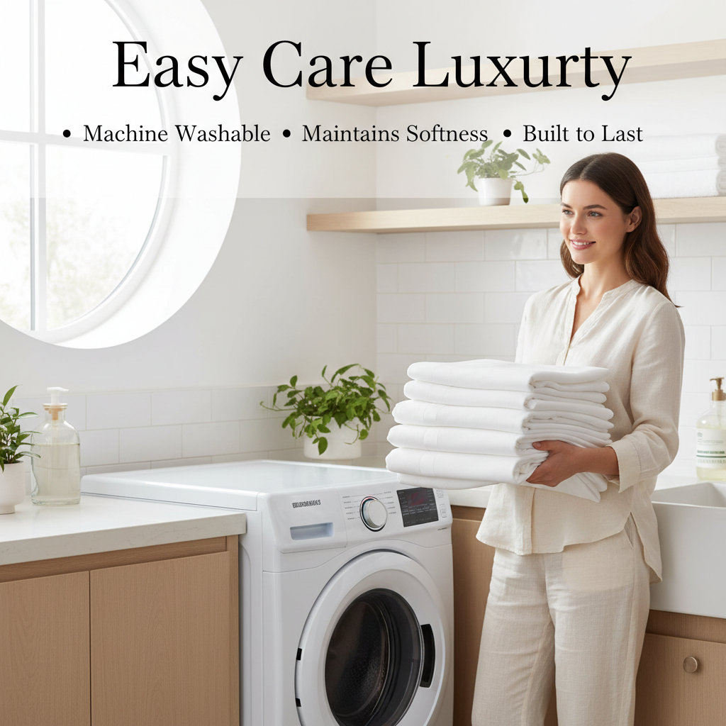 Woman holding folded white Egyptian cotton fitted sheets by washing machine showing easy care machine washable quality