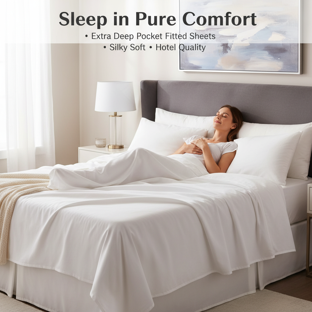Woman relaxing comfortably on bed with white Egyptian cotton 32 inch deep pocket fitted sheets 1000TC hotel quality