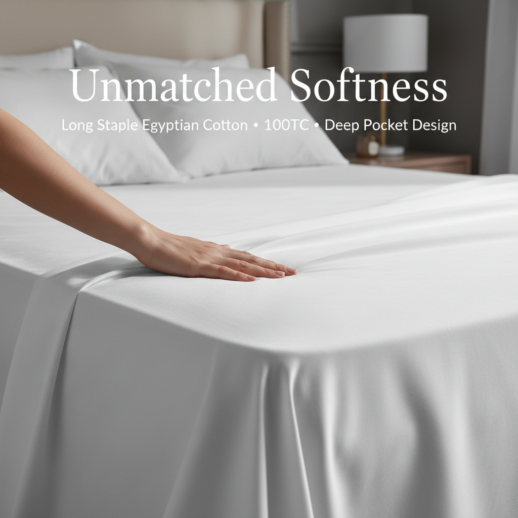 Close up of hand smoothing soft white Egyptian cotton fitted sheet showing premium 1000 thread count quality and texture