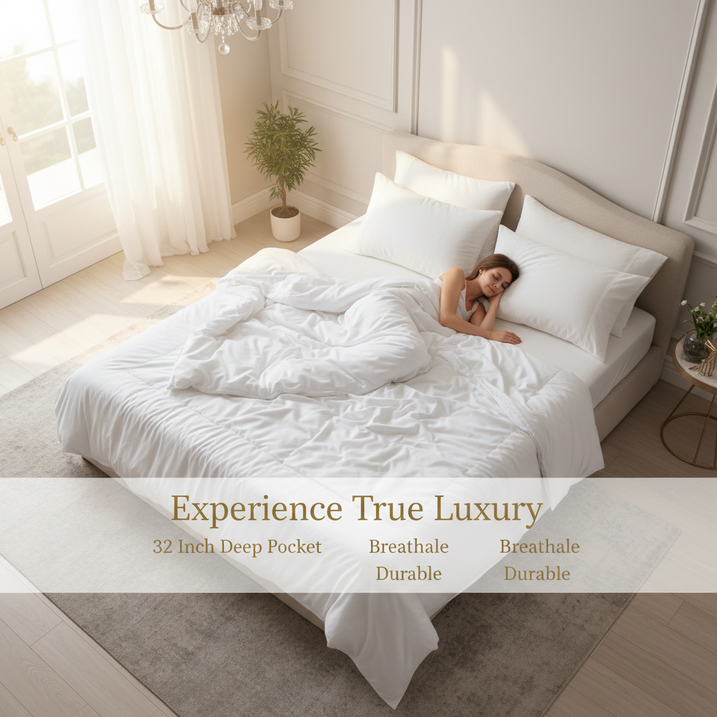 Woman sleeping peacefully on white Egyptian cotton 32 inch deep pocket fitted sheets in elegant bedroom with natural light