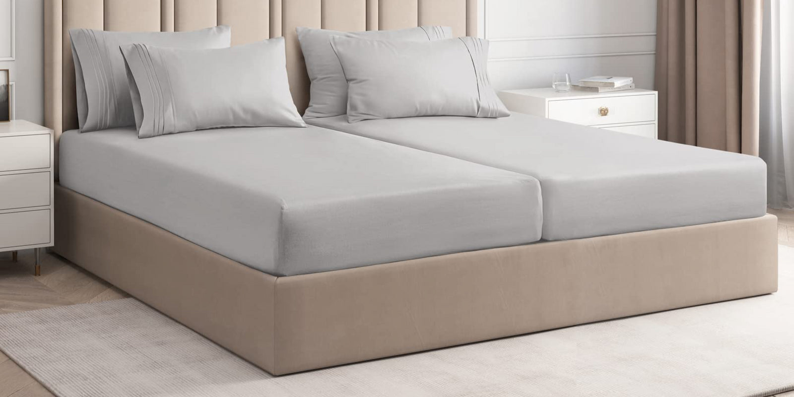 Beige bed frame with gray bedding split sheet set 5-piece in a bedroom setting.