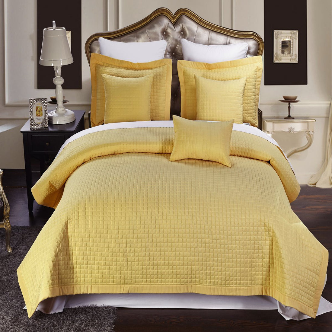 luxury checkered quilted wrinkle-free 4-6 piece quilted coverlet gold
