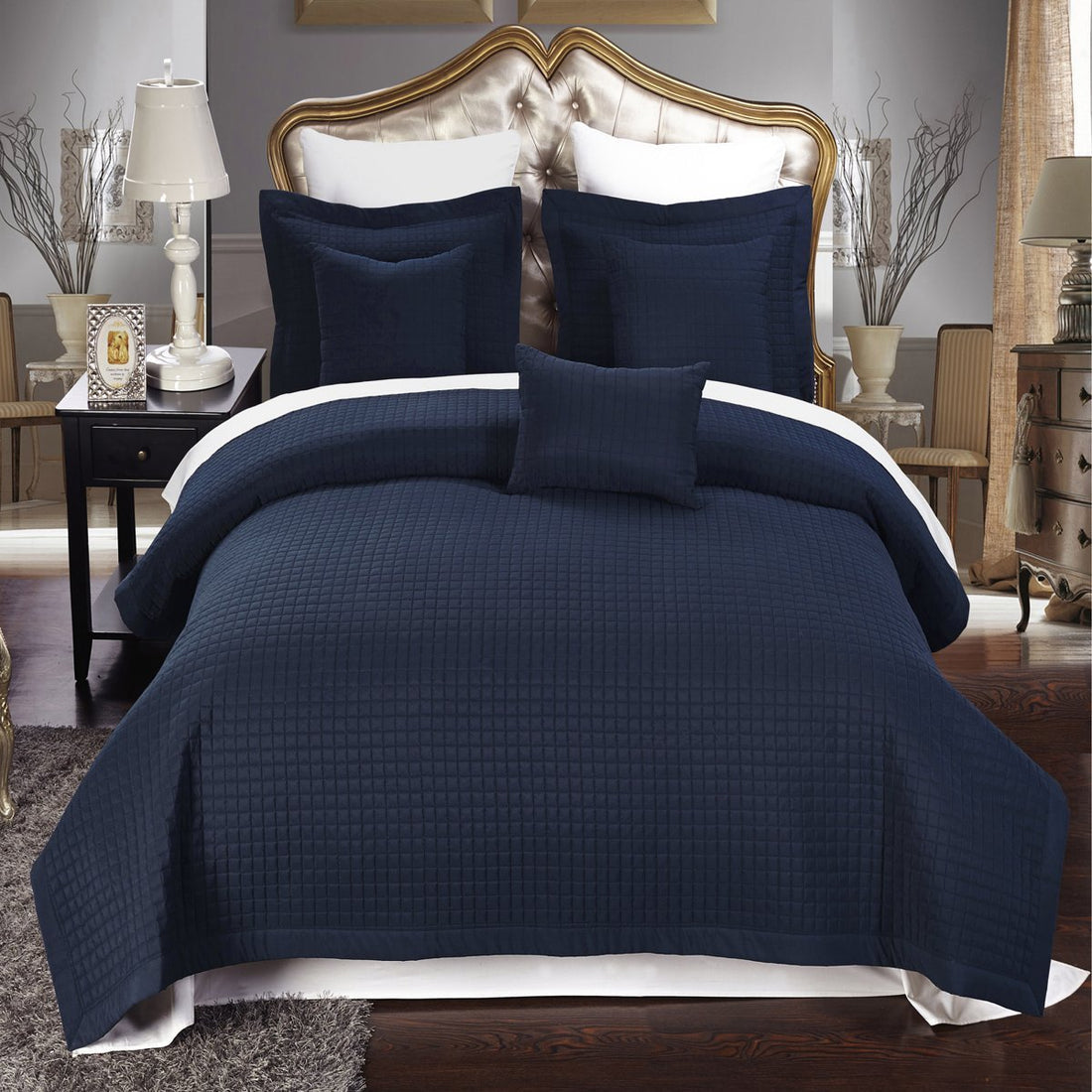 luxury checkered quilted wrinkle-free 4-6 piece quilted coverlet set navy