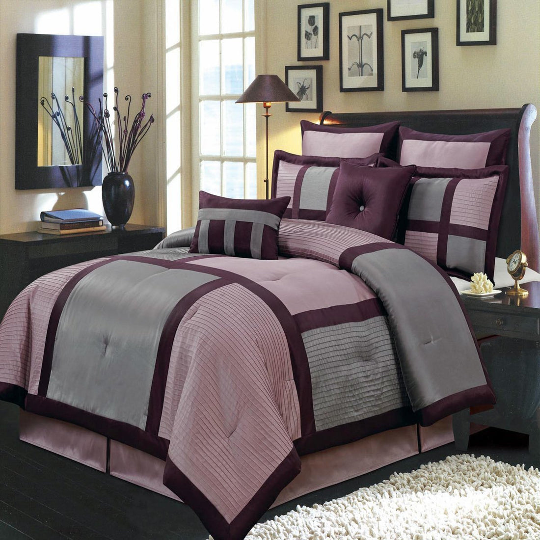 Hotel Bedding Morgan Purple and Gray King Size Luxury 8 Piece Comforter Set Includes Comforter, Bed Skirt, Pillow Shams, Decorative Pillows