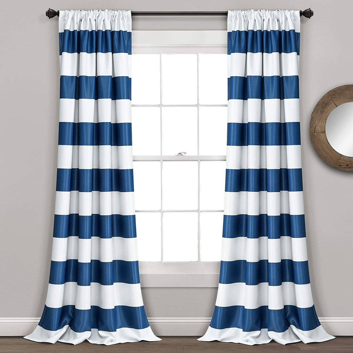 Navy Stripe Room Darkening 84-Inch Rod Pocket Window Curtain Panel Pair