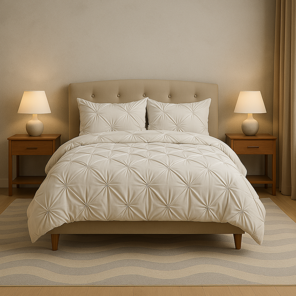 Premium 100% pure Egyptian cotton duvet cover set with pinch pleat design – hotel-style comfort and durability for everyday use.