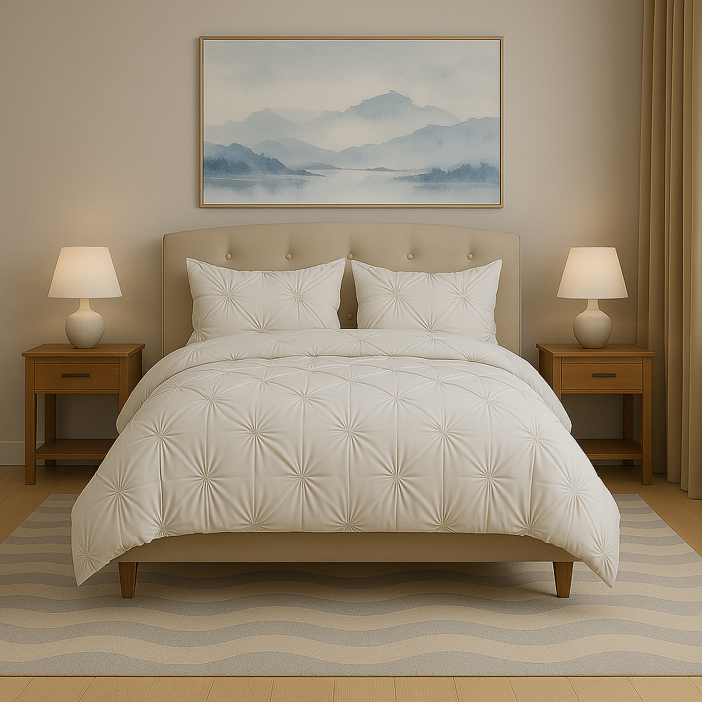 Elegant pinch pleat duvet cover set crafted from 100% Egyptian cotton – soft, breathable, and ideal for luxury bedroom decor.