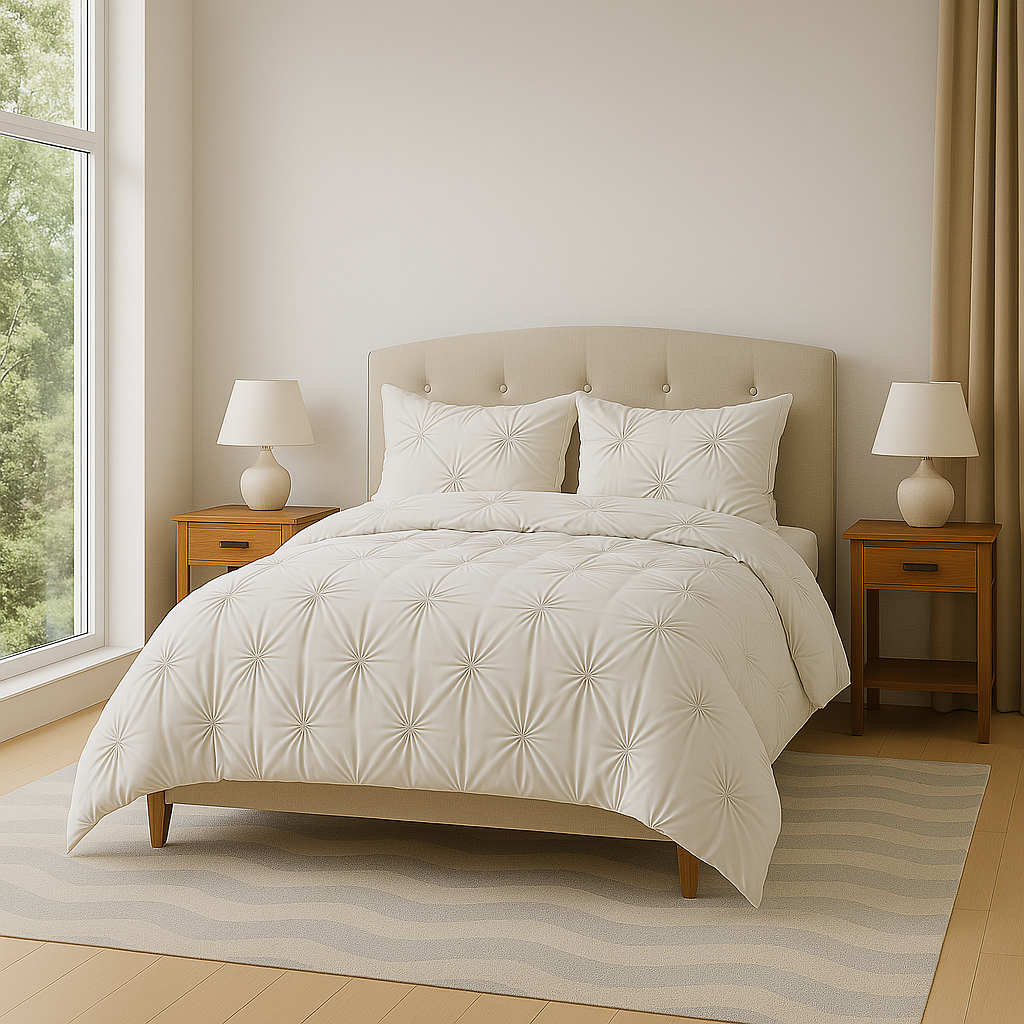 Luxury pinch pleat duvet cover set made from 100% pure Egyptian cotton – ultra-soft, breathable, and hotel-quality bedding for a stylish bedroom upgrade.