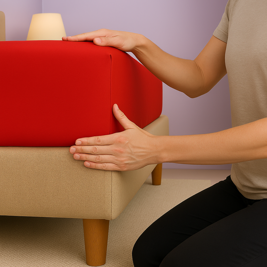 Person adjusting a red fitted sheet 100 percent cotton made on a bed against a purple wall in a bedroom of Egyptian Home Linens studio.