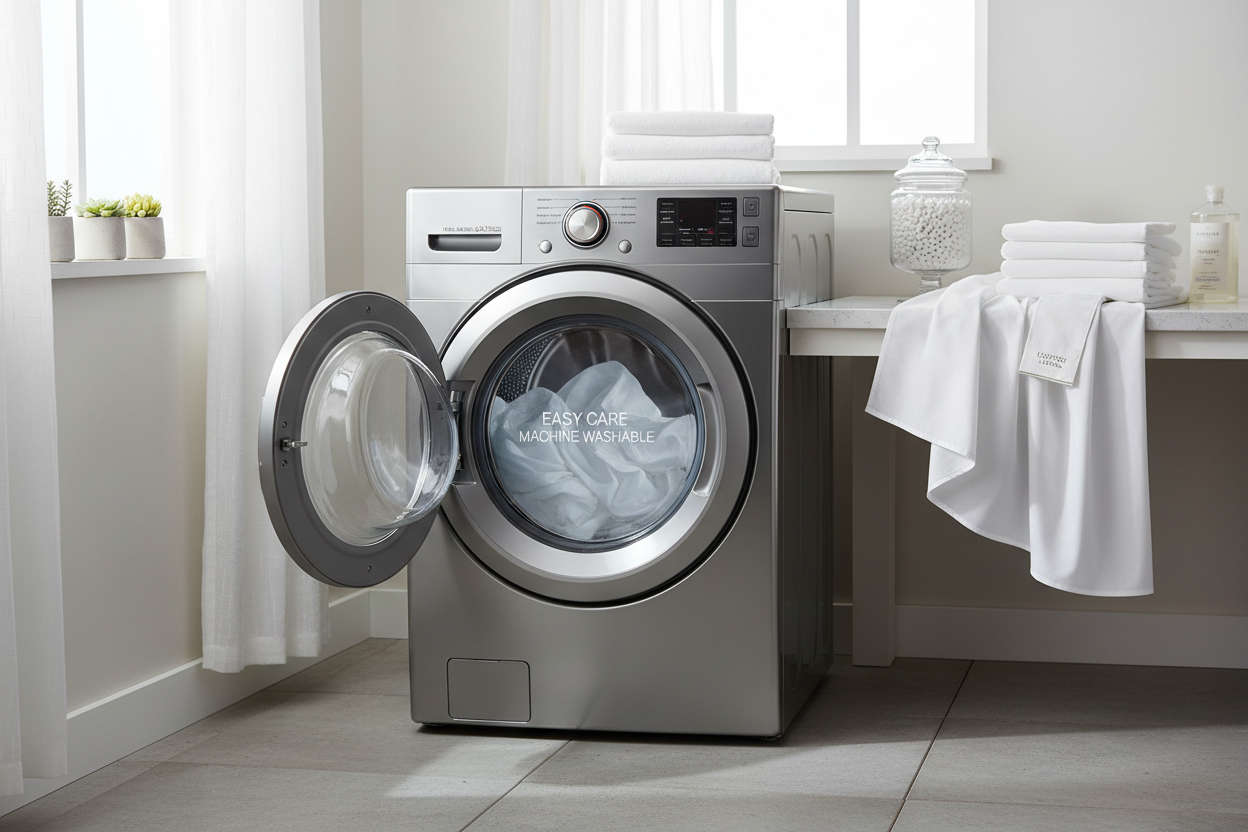White Egyptian cotton bedding in washing machine demonstrating easy care