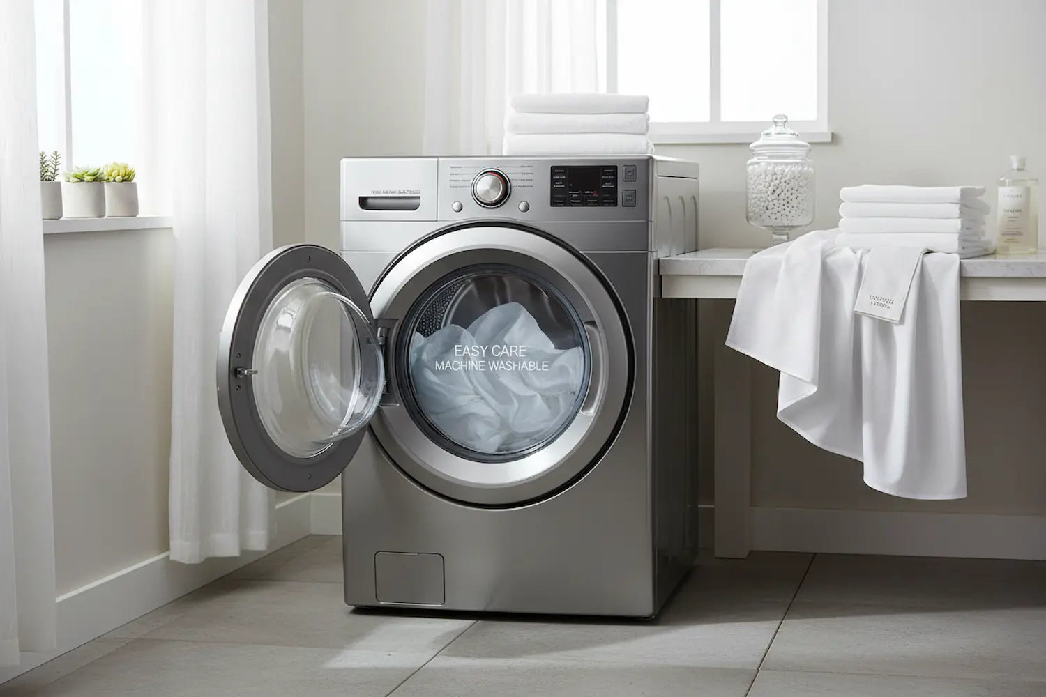 White Egyptian cotton bedding in washing machine demonstrating easy care