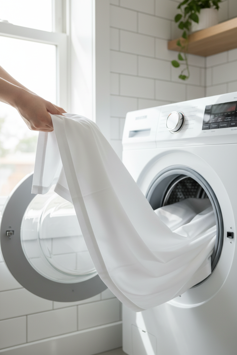 Woman holding white Egyptian cotton sheets by washing machine