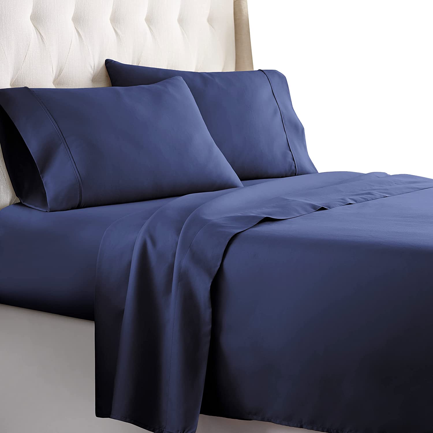 12 Inch Pocket Fitted Sheet Navy Blue 1000TC Egyptian Cotton at-EgyptianHomeLinens.com