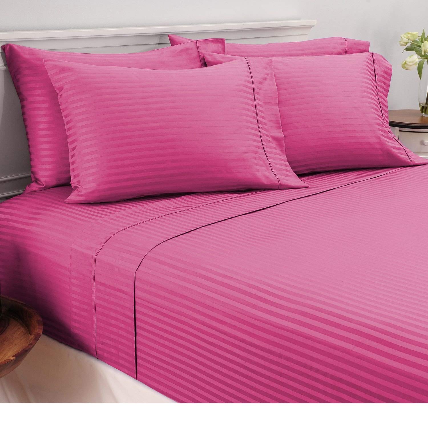 Pillow Covers Hot Pink Stripe 100 Percent Pure Cotton Super Soft 2-Pieces Pillowcases 1000TC