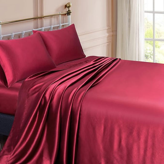 18 Inch Pocket Sheet Set 4Pc Mulberry Sateen Silk Burgundy