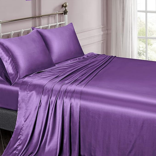 8 Inch Pocket Sheet Set 4Pc Mulberry Sateen Silk Purple