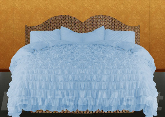Twin Blue Ruffle Duvet Cover Set Egyptian Cotton 1000 Thread Count