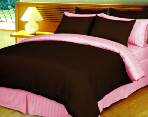 Egyptian Cotton Chocolate Pink Stripe Reversible Duvet Covers - 1000TC