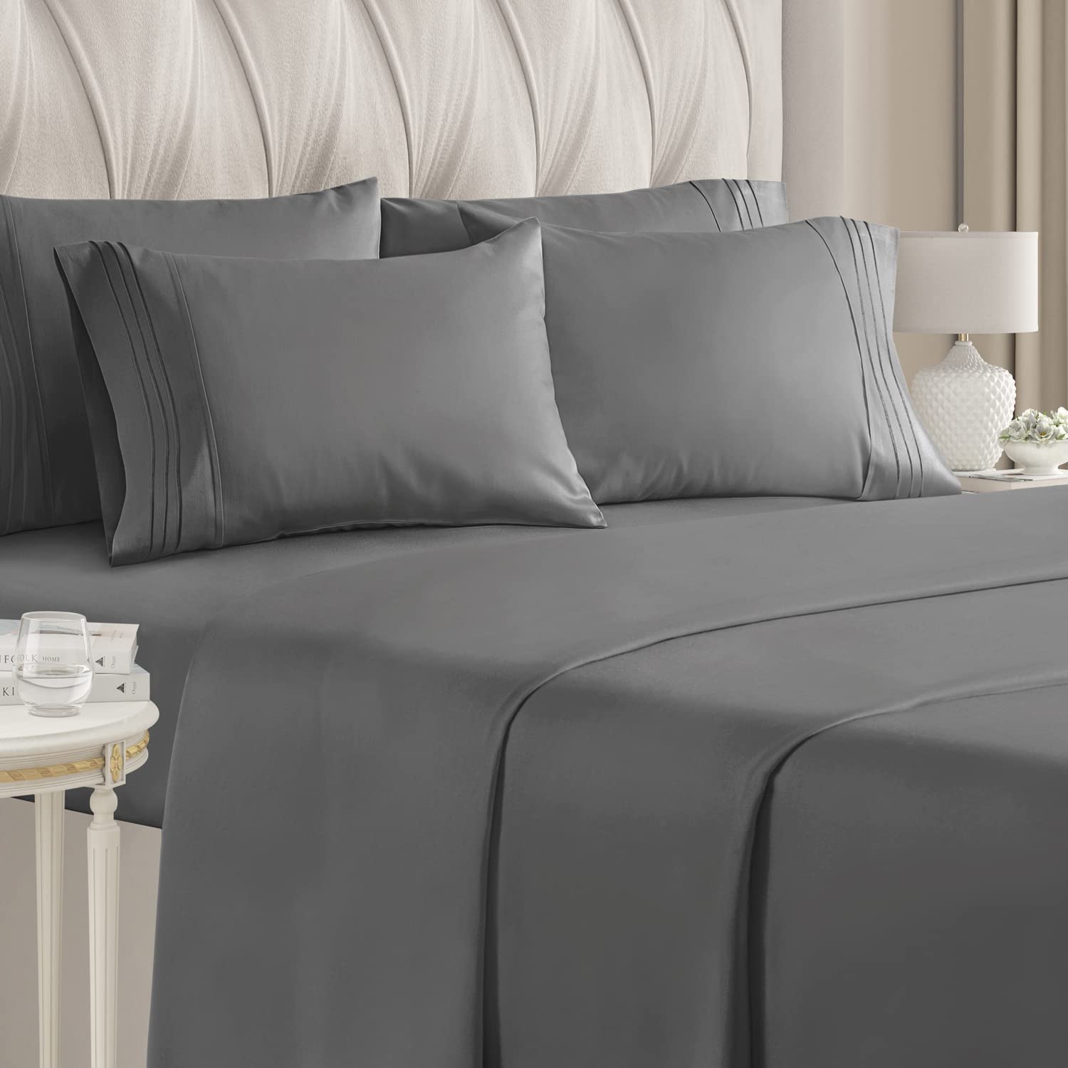 4 Piece Bed Sheet Set 100% Egyptian Cotton 1000-TC 8 Inch Deep Pocket Dark Grey Color