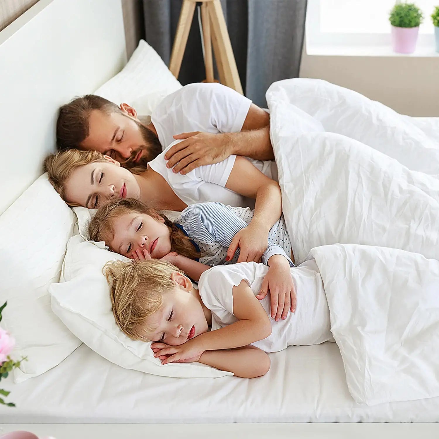 family sleeping on hot ping fitted sheet 100 percent cotton