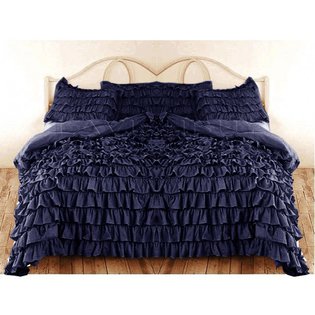 Queen Navy Blue Ruffle Duvet Cover Set Egyptian Cotton 1000TC