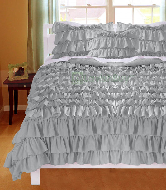 Queen Silver Ruffle Duvet Cover Set Egyptian Cotton 1000 Thread Count